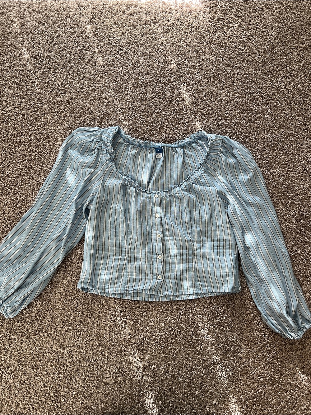 Old Navy Light Blue Striped Button-Front Women’s Peasant Top